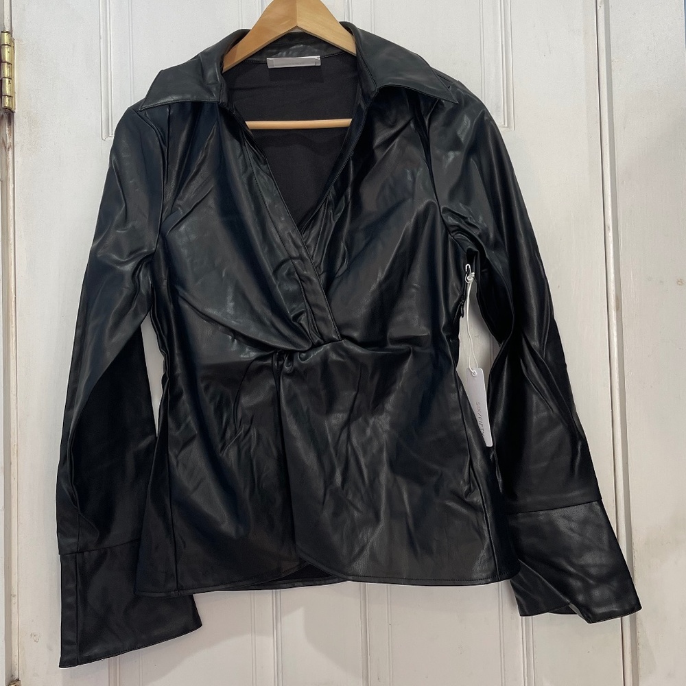 SIX/FIFTY Black V-neck Faux Leather Long Sleeve Women’s Top